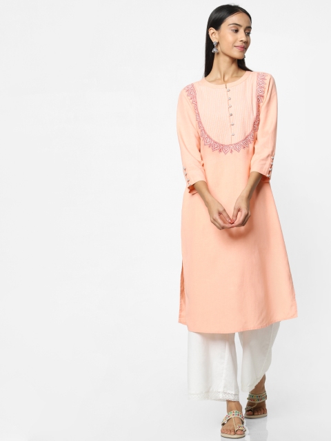 

Naari Women Peach-Coloured & Red Embroidered Straight Kurta