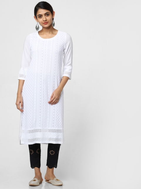 

Naari Women White Embroidered Straight Kurta