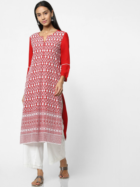 

Naari Women Red & White Embroidered Straight Kurta