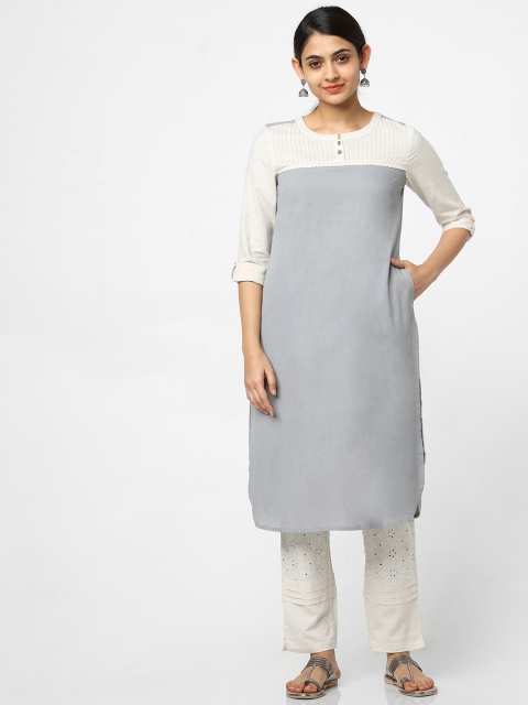 

Naari Women Grey & White Colourblocked Straight Kurta