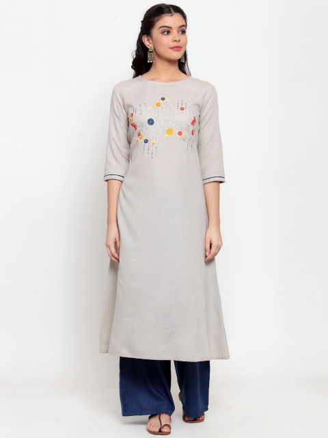 

ANAISA Women Grey & Navy Blue Cotton Flex Embroidery Kurta With Palazzos