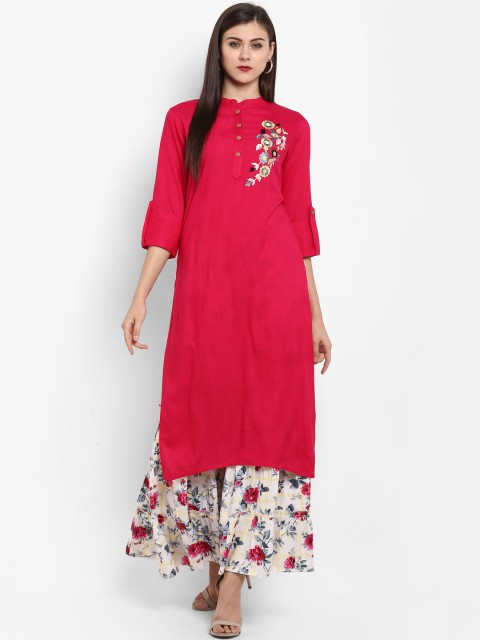 

Fashion String Women Red Embroidered Kurta with Palazzos