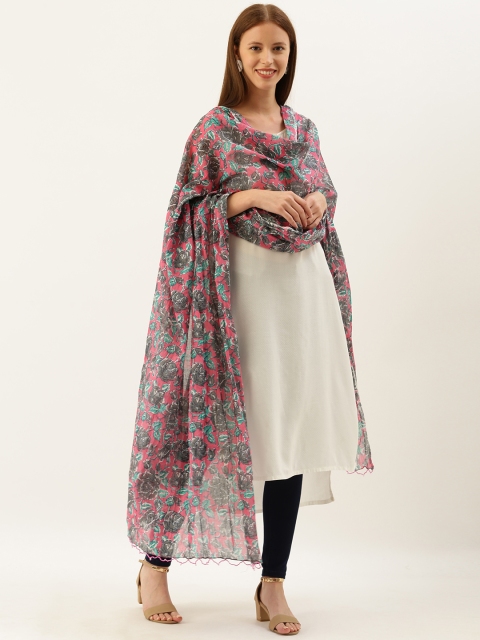 

Shaily Pink & Grey Floral Jaipuri Printed Dupatta