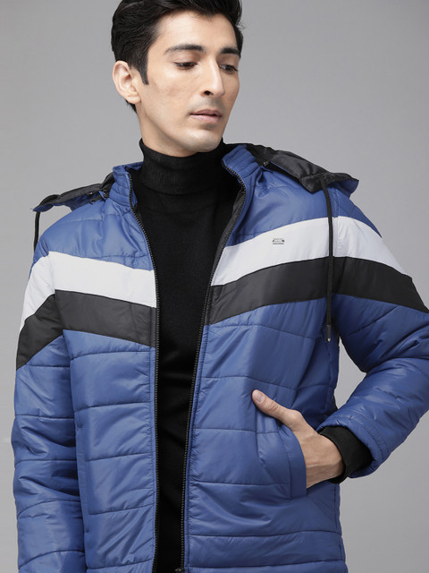 

Roadster Men Blue & Black Striped Padded Jacket