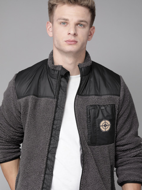 

Roadster Men Charcoal Grey & Black Colourblocked Padded Sherpa Jacket