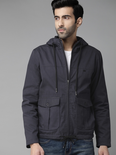 

Roadster Men Navy Blue Solid Hooded Tailored Jacket