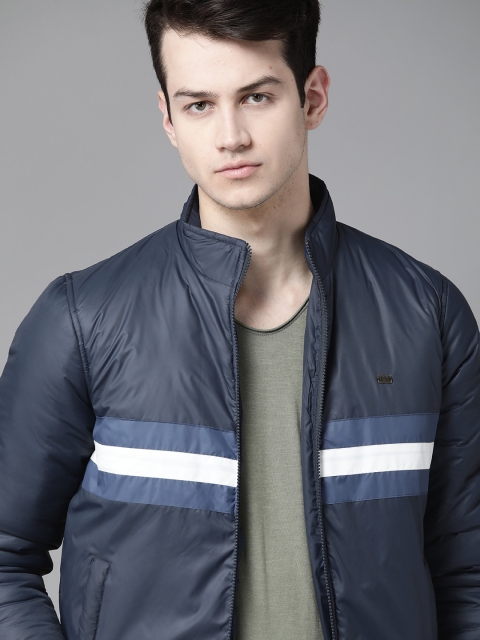 

Roadster Men Navy Striped Detail Varsity Jacket, Navy blue