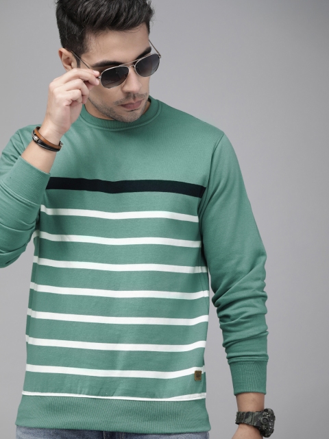 

Roadster Men Sea Green & White Striped Sweatshirt