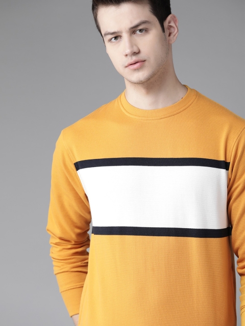 

Roadster Men Mustard Yellow & White Colourblocked Hooded Sweatshirt