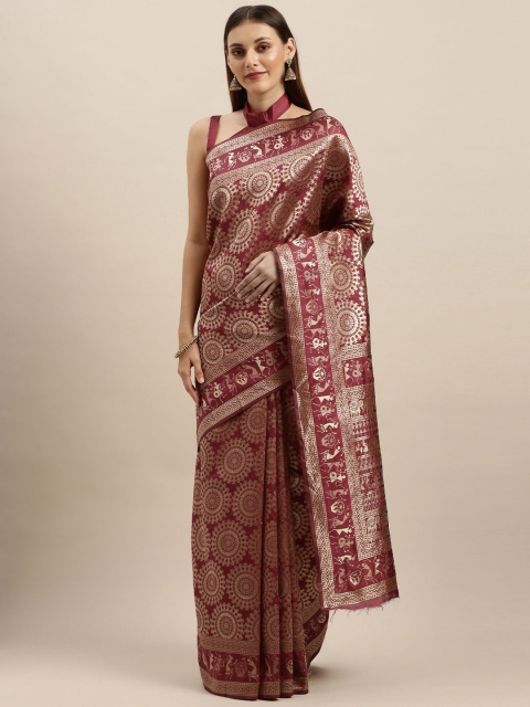 

SHAVYA Maroon & Gold-Toned Pure Silk Woven Design Banarasi Saree