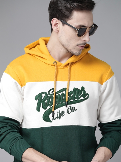 

Roadster Men Yellow & White Colourblocked Hooded Pullover Sweatshirt