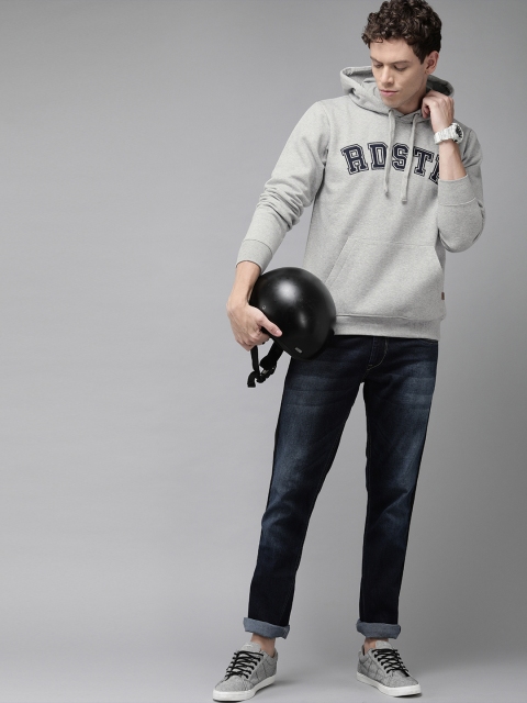 

Roadster Men Grey Melange Embroidered Hooded Sweatshirt