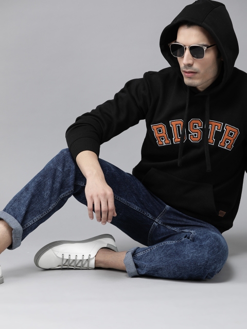 

Roadster Men Black & Rust Orange Embroidered Hooded Sweatshirt