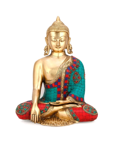 

CraftVatika Gold-Toned & Green Earth Touching Tibet Buddha Brass Showpiece