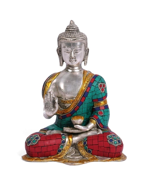 

CraftVatika Silver-Toned & Green Brass Blessing Buddha Statue Showpiece