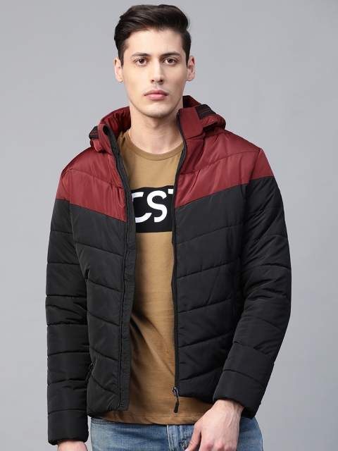 

Roadster Men Maroon & Black Colourblocked Padded Jacket with Detachable Hood
