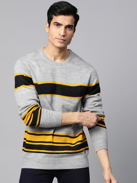 

Roadster Men Grey Melange Striped Sweater