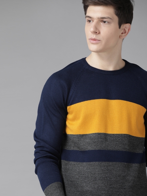 

Roadster Men Navy & Charcoal Grey Striped Pullover, Navy blue