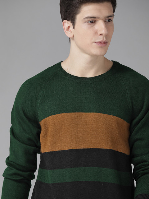 

Roadster Men Green & Black Striped Pullover