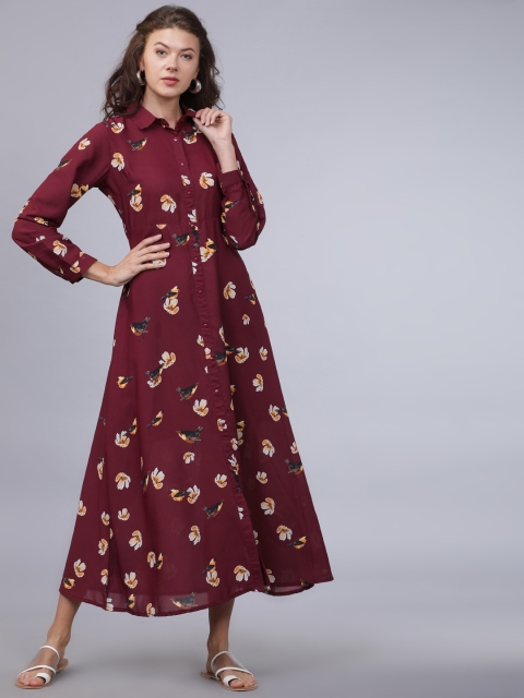 

Tokyo Talkies Women Burgundy Printed Shirt Dress