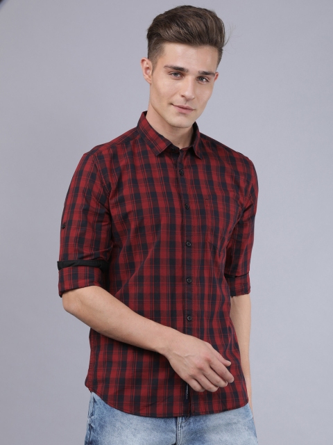 

Horsefly Men Navy Blue & Red Slim Fit Checked Casual Shirt