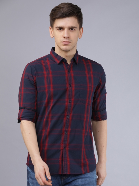 

Horsefly Men Navy Blue & Red Slim Fit Checked Casual Yarn Dyed Shirt