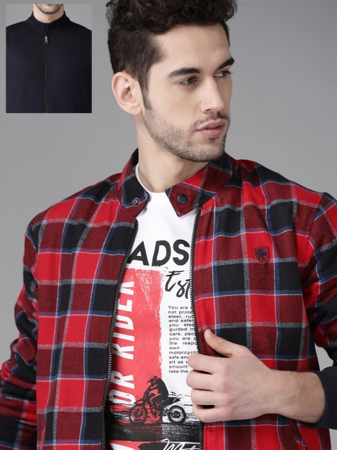 

Roadster Men Red & Navy Blue Checked Reversible Bomber Jacket