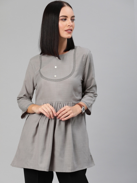 

Anouk Women Grey Solid Pleated A-Line Top With Embroidered Detailing