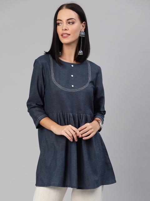 

Anouk Women Navy Blue Solid Pleated A-Line Top With Embroidered Detailing
