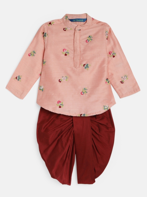

Lil Peacock Boys Peach-Coloured Embroidered Kurta with Maroon Solid Dhoti Pants