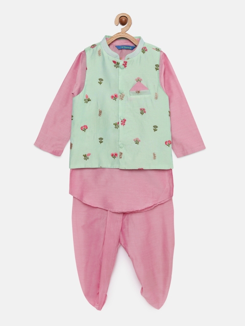 

Lil Peacock Infant Boys Pink Solid Kurta & Dhoti Pants with Mint Green Nehru Jacket