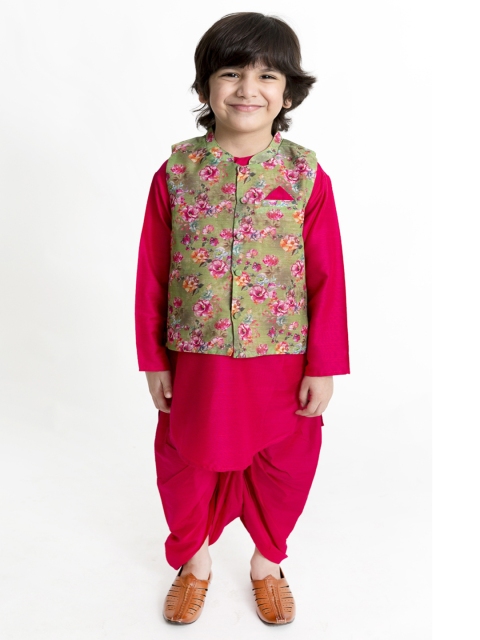 

Lil Peacock Infant Boys Pink Solid Kurta & Dhoti Pants with Beige Nehru Jacket