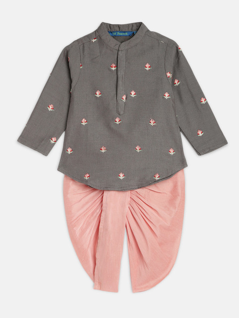 

Lil Peacock Boys Grey Embroidered Kurta with Peach-Coloured Solid Dhoti Pants