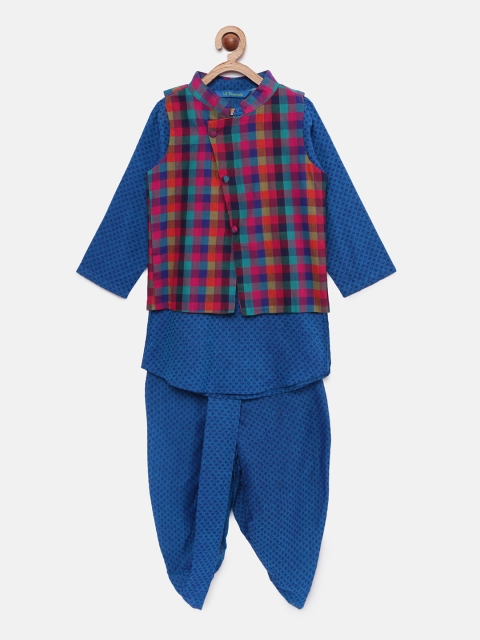 

Lil Peacock Infant Boys Blue Printed Kurta & Dhoti Pants with Multi-Coloured Nehru Jacket