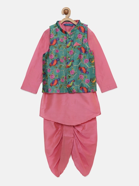 

Lil Peacock Infant Boys Pink Solid Kurta & Dhoti Pants with Sea Green Nehru Jacket