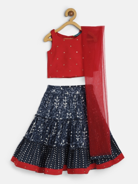 

Lil Peacock Girls Red & Navy Blue Embellished Ready to Wear Lehenga & Blouse with Dupatta