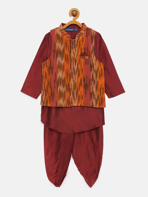 

Lil Peacock Infant Boys Maroon Solid Kurta & Dhoti Pants with Orange Nehru Jacket