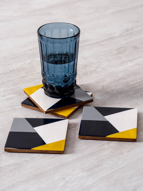 

nestroots Set of 4 Black & Yellow Printed Square Wooden Coasters with Holder