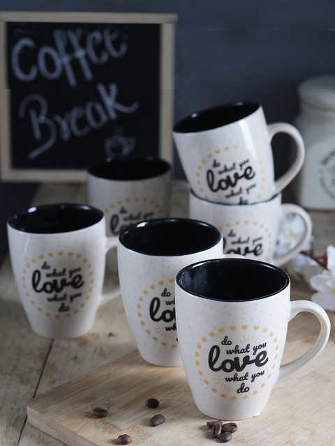 

CDI Set Of 6 White & Black Do What You Love Quote Printed Ceramic Coffee Mugs