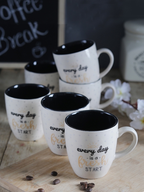 

CDI Set Of 6 White & Black Everyday is a Fresh Start Print Ceramic Coffee Mugs