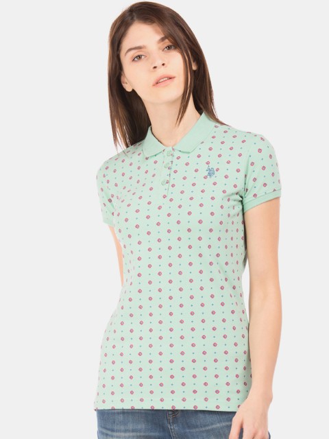 

U.S. Polo Assn. Women Mint Green Printed Polo Collar T-shirt