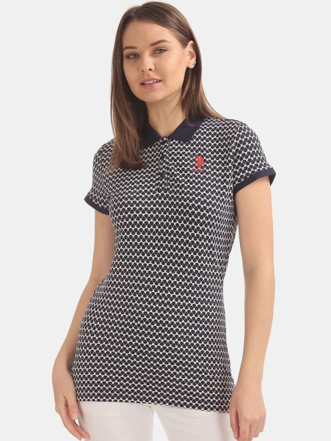 

U.S. Polo Assn. Women Women Navy Blue Printed Polo Collar T-shirt