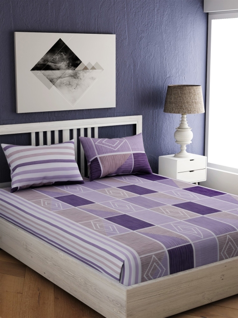 

EverHOME Purple Geometric 144 TC Cotton 1 Queen Bedsheet with 2 Pillow Covers