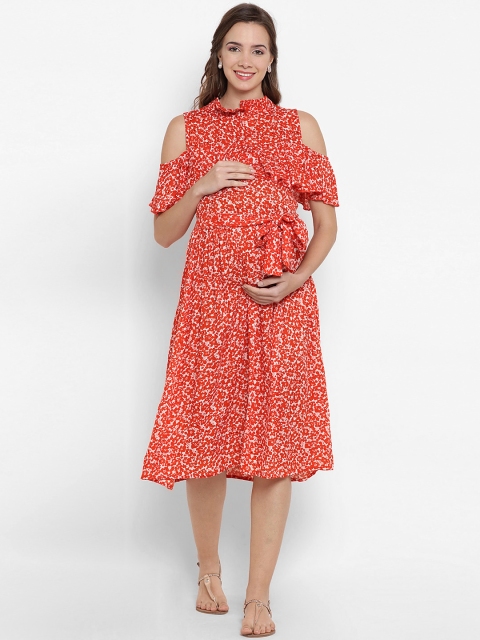 

Mine4Nine Women Orange Printed Fit and Flare Dress