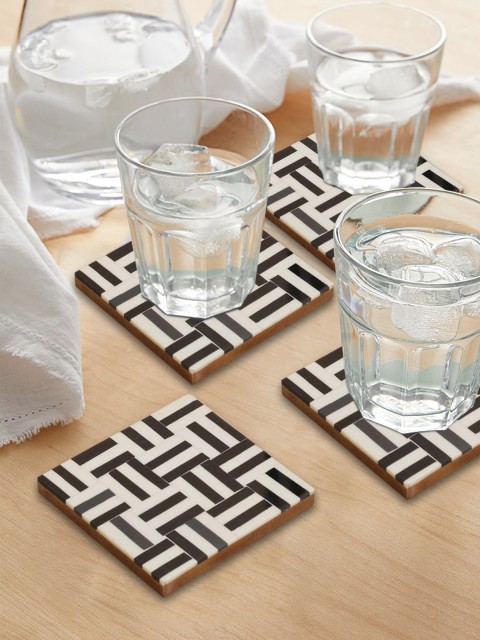 

nestroots Set of 4 White & Black Printed Resin Wood Coasters with Holder