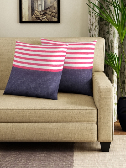 

NEUDIS Red & Blue Set of 2 Striped Square Corduroy Cushion Covers