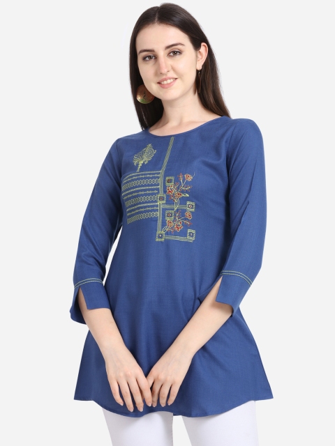 

Kvsfab Women Blue Embroidered A-line Kurti