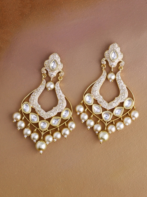 

Imittire White & Gold-Toned Teardrop Shaped Drop Earrings