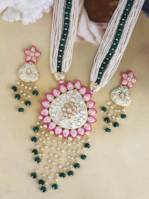 

Imittire Gold-Plated White & Pink Enameled Pearls Meenakari Kundan Jewellery Set