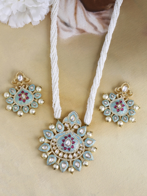 

Imittire Gold-Plated Turquoise Blue & Pink Enamelled Kundan-Studded Pearls Beaded Long Necklace Set